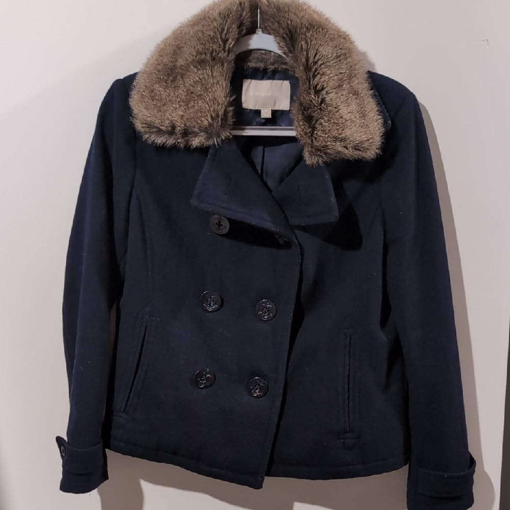 Banana Republic Navy Pea Coat with Faux Fur Collar